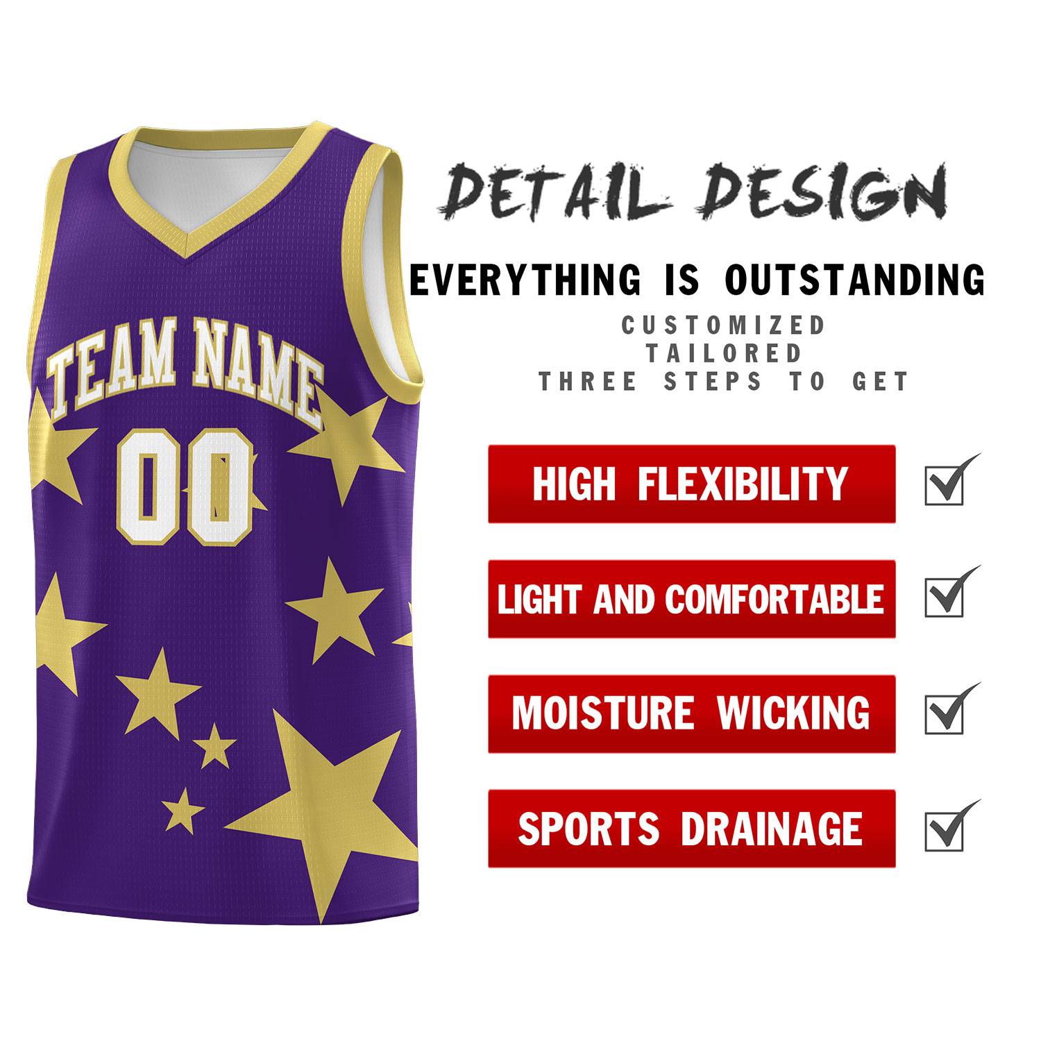 Custom Purple Old Gold Graffiti Pattern Star Print Basketball Jersey Sets
