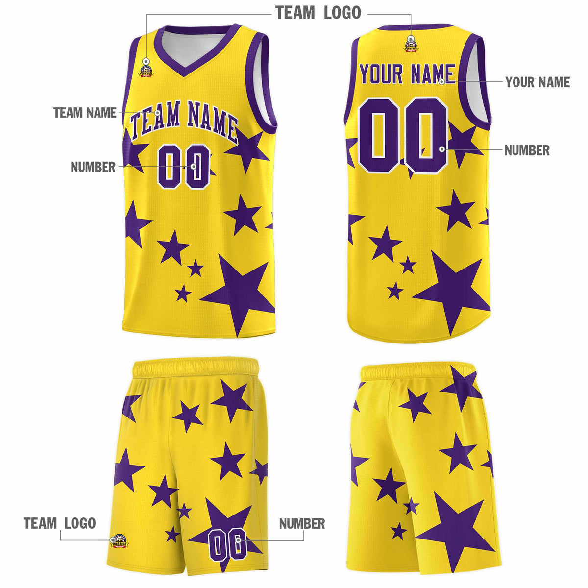 Custom Gold Purple Graffiti Pattern Star Print Basketball Jersey Sets