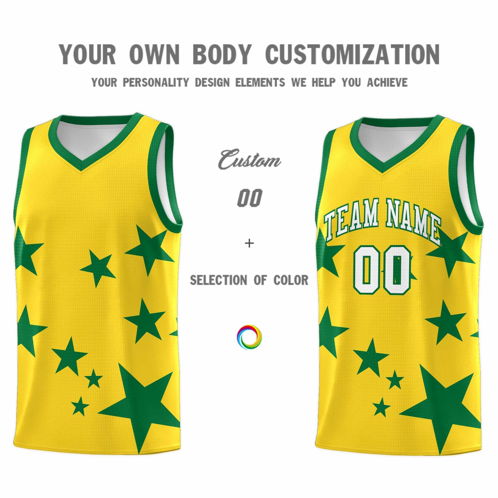 Custom Gold Kelly Green Graffiti Pattern Star Print Basketball Jersey Sets
