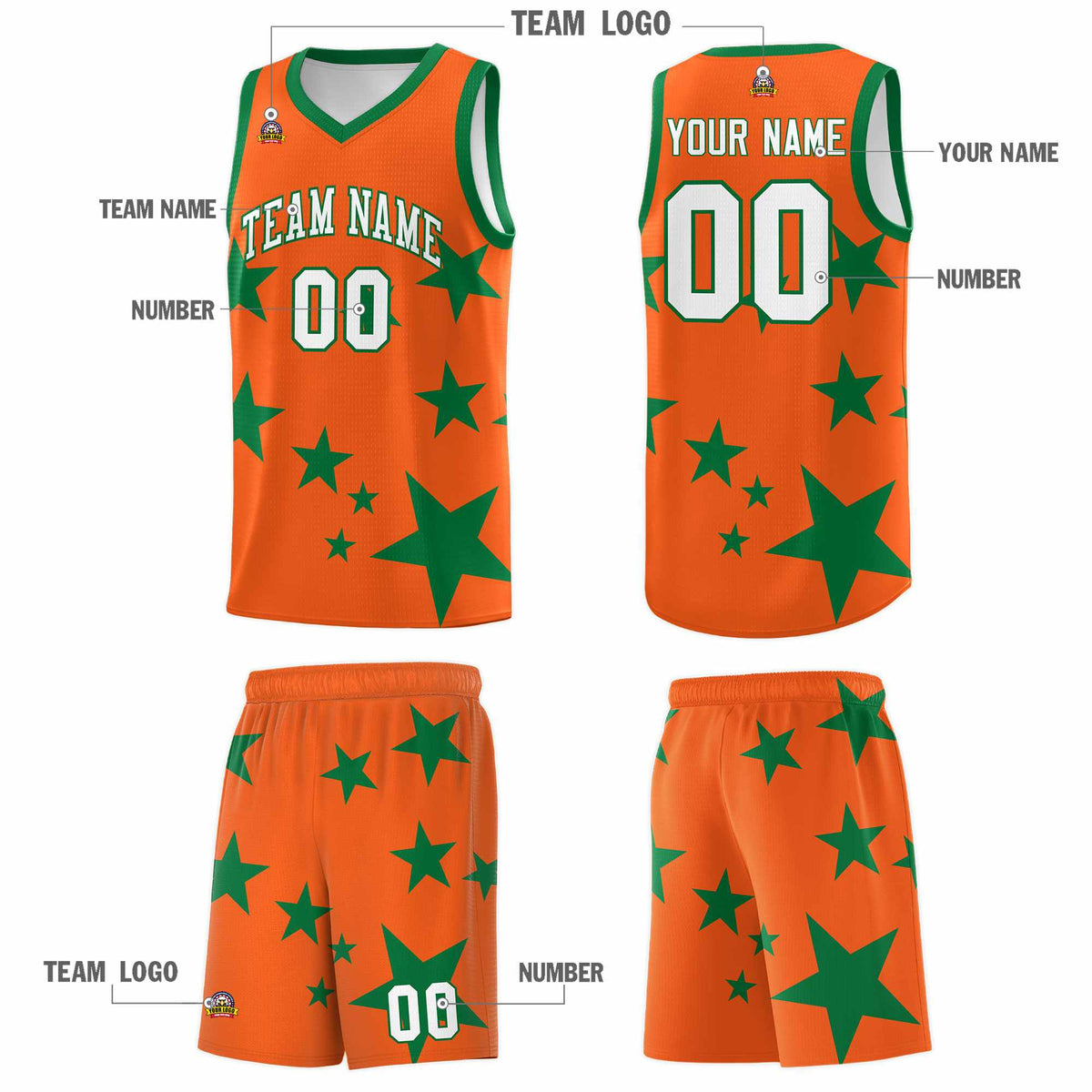 Custom Orange Kelly Green Graffiti Pattern Star Print Basketball Jersey Sets