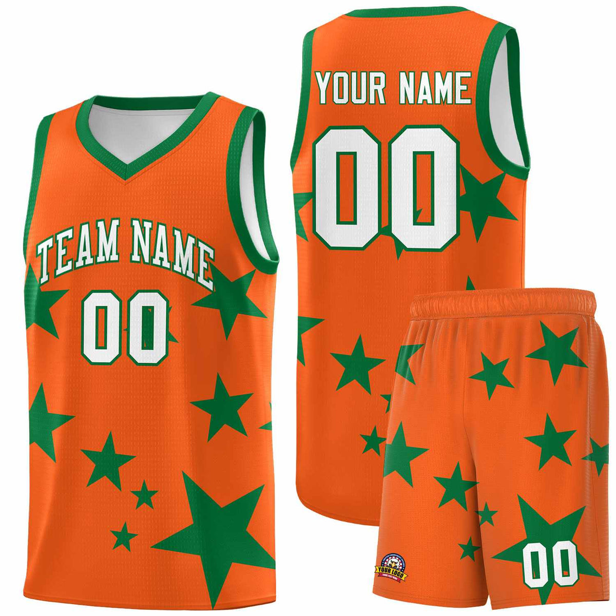 Custom Orange Kelly Green Graffiti Pattern Star Print Basketball Jersey Sets