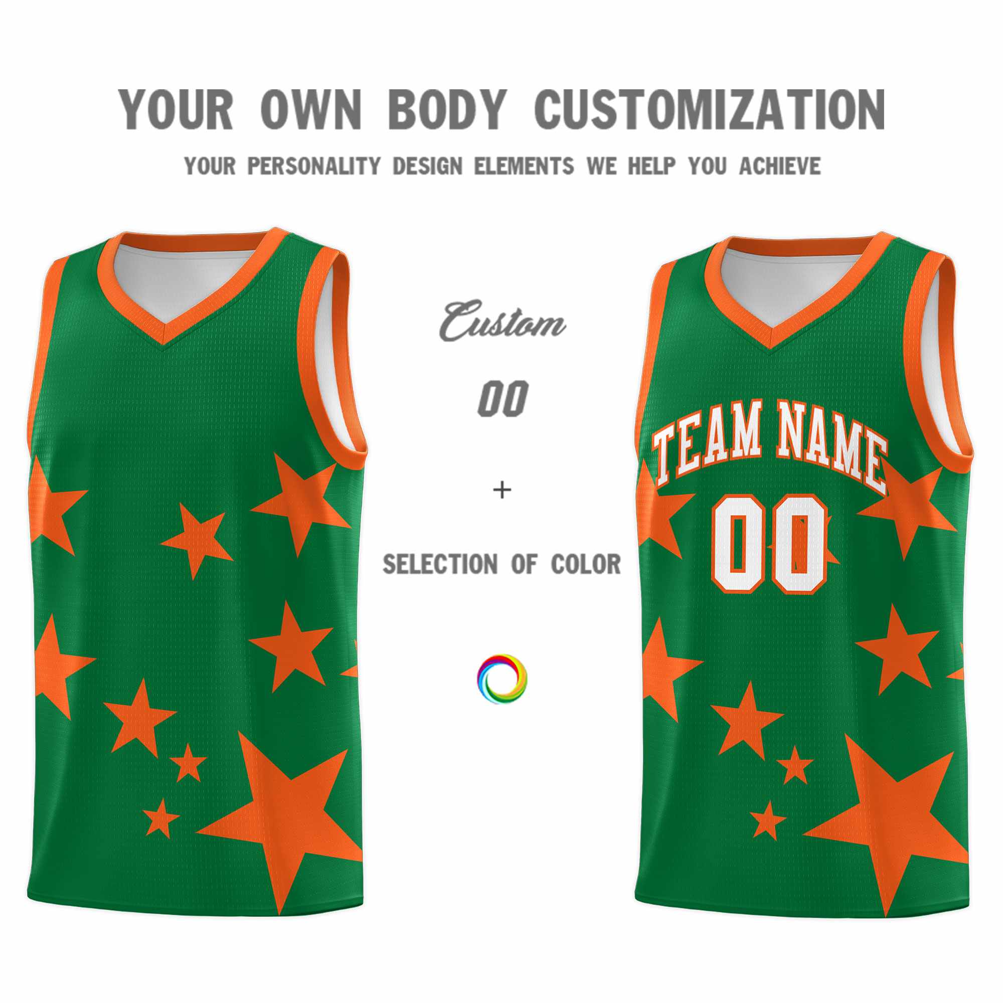 Custom Kelly Green Orange Graffiti Pattern Star Print Basketball Jersey Sets