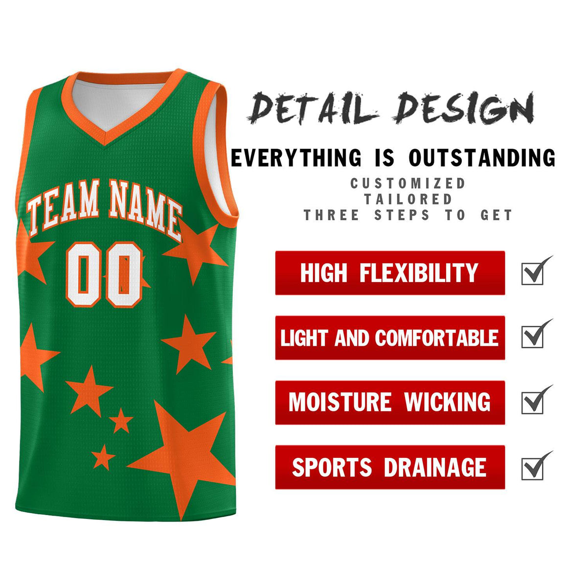 Custom Kelly Green Orange Graffiti Pattern Star Print Basketball Jersey Sets