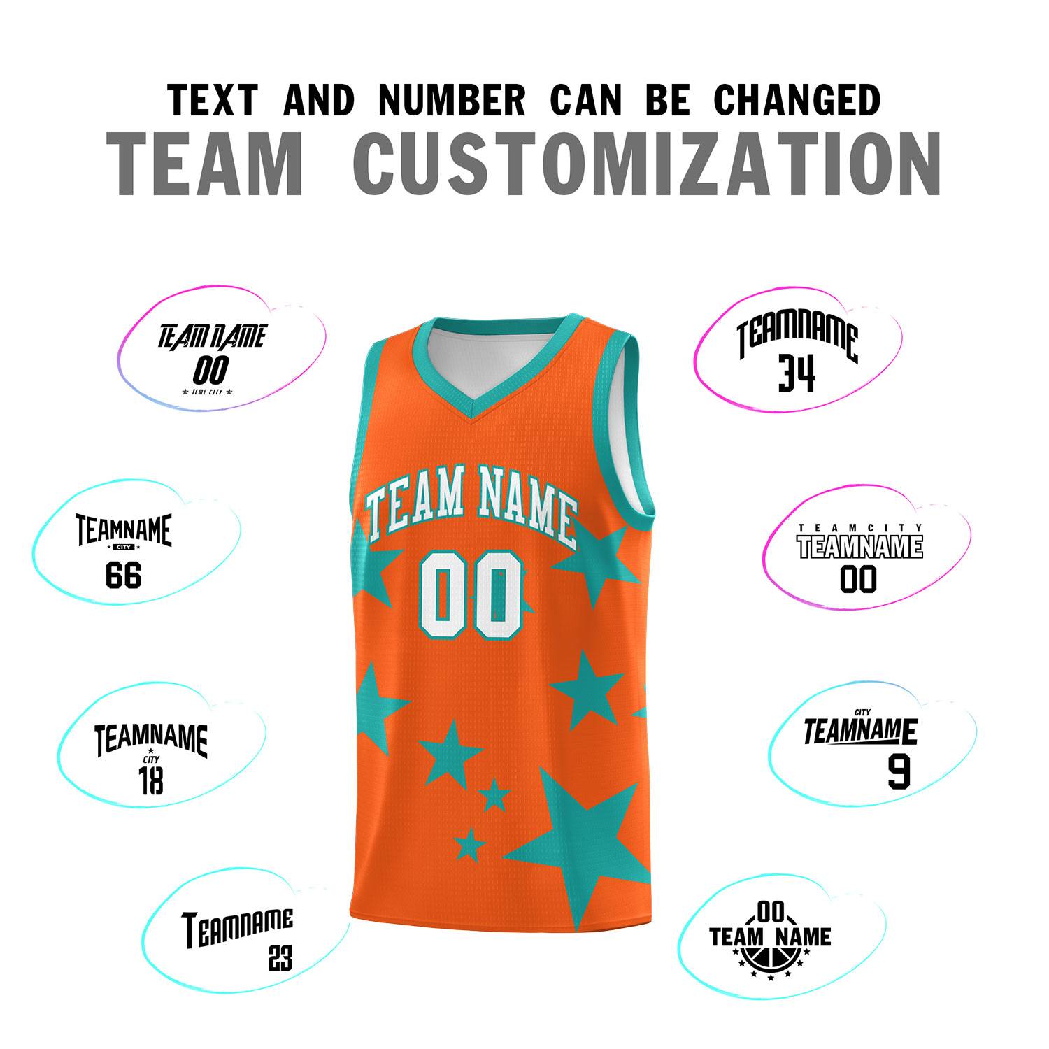 Custom Orange Aqua Graffiti Pattern Star Print Basketball Jersey Sets