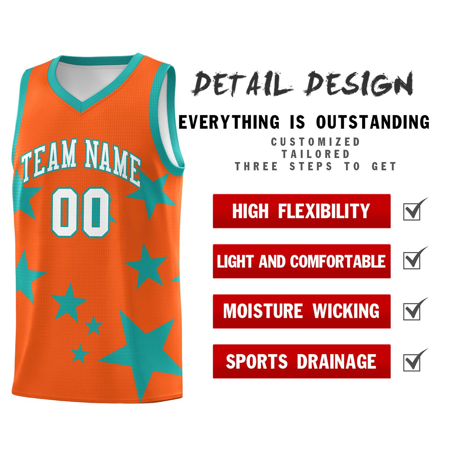 Custom Orange Aqua Graffiti Pattern Star Print Basketball Jersey Sets