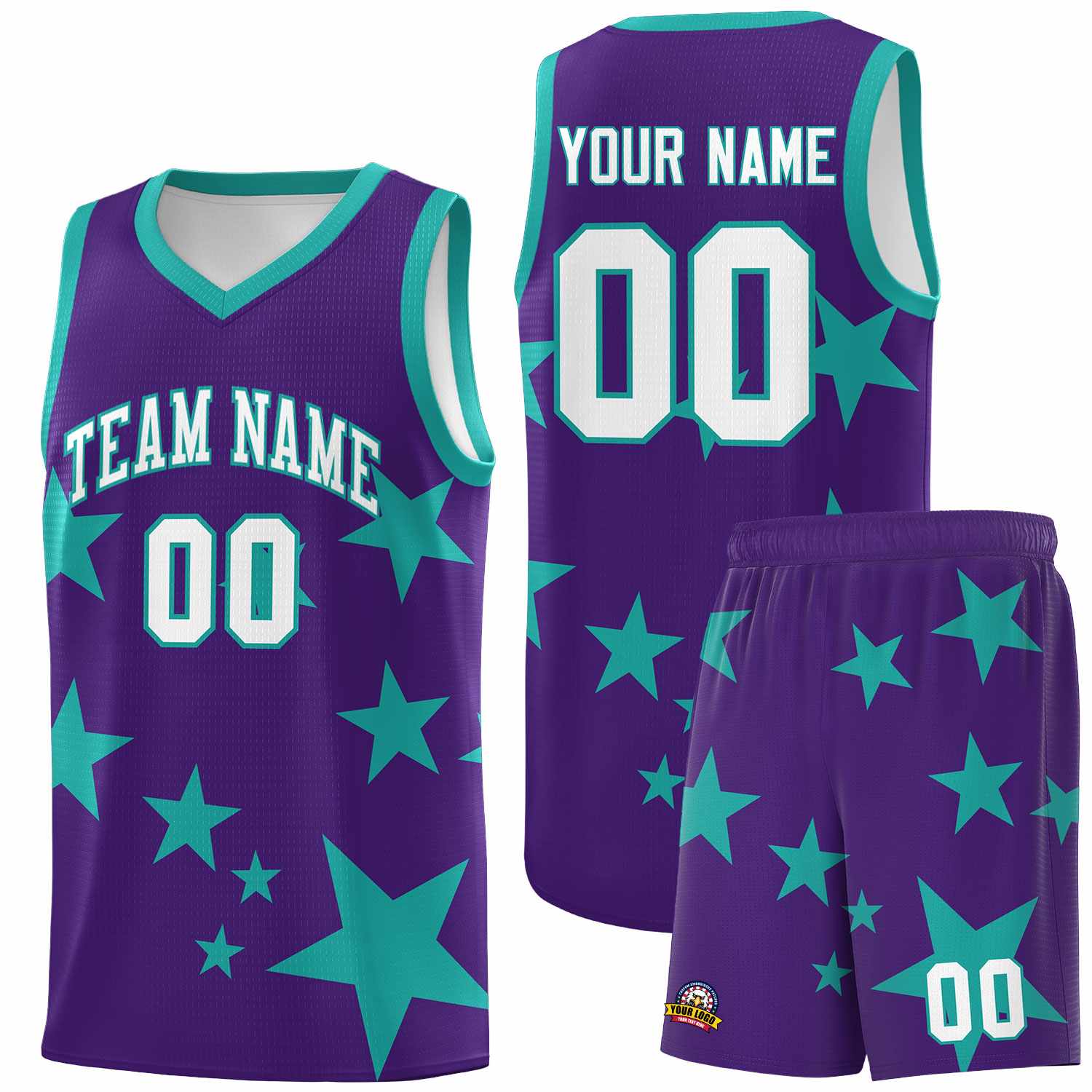 Custom Purple Aqua Graffiti Pattern Star Print Basketball Jersey Sets