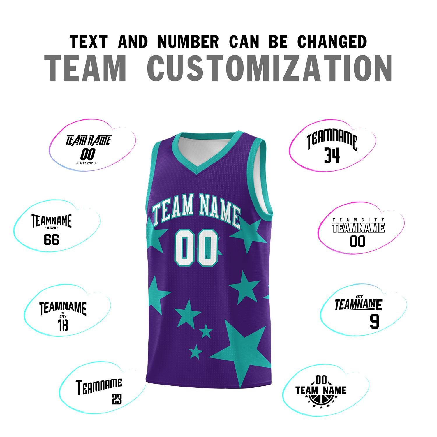 Custom Purple Aqua Graffiti Pattern Star Print Basketball Jersey Sets