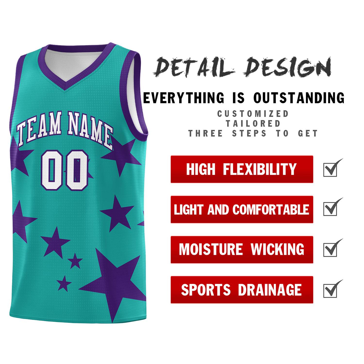 Custom Aqua Purple Graffiti Pattern Star Print Basketball Jersey Sets