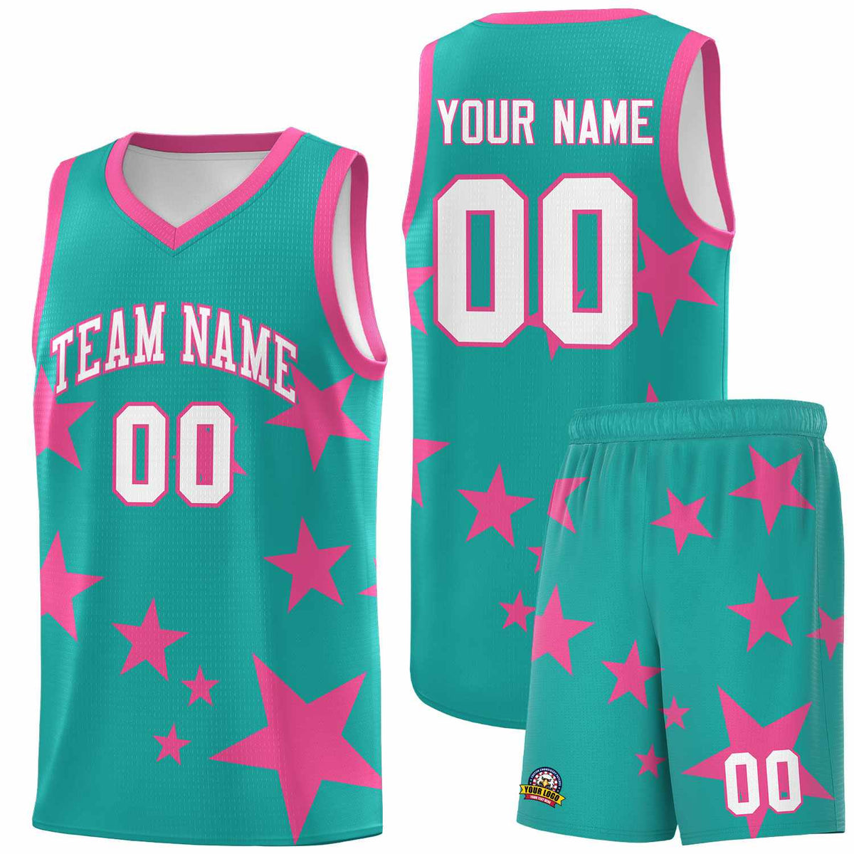 Custom Aqua Pink Graffiti Pattern Star Print Basketball Jersey Sets