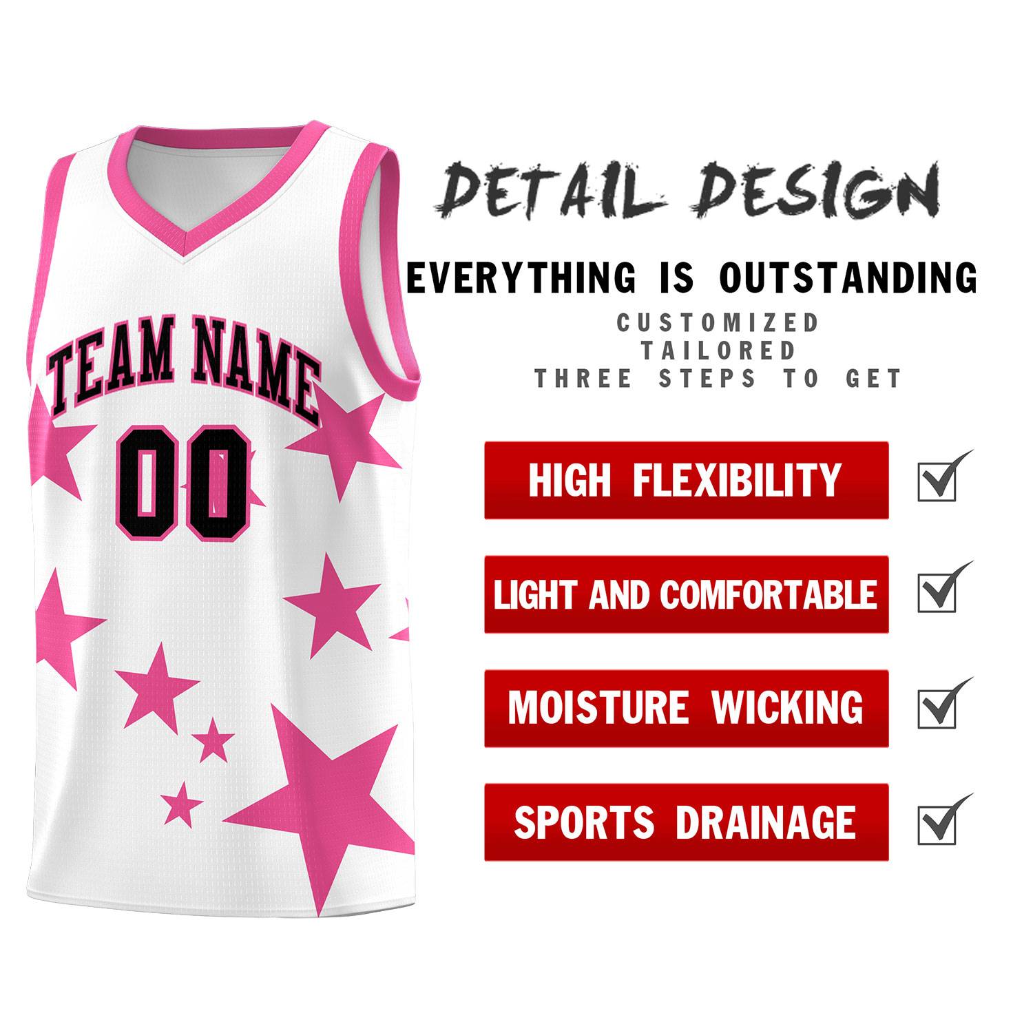 Custom White Pink Graffiti Pattern Star Print Basketball Jersey Sets
