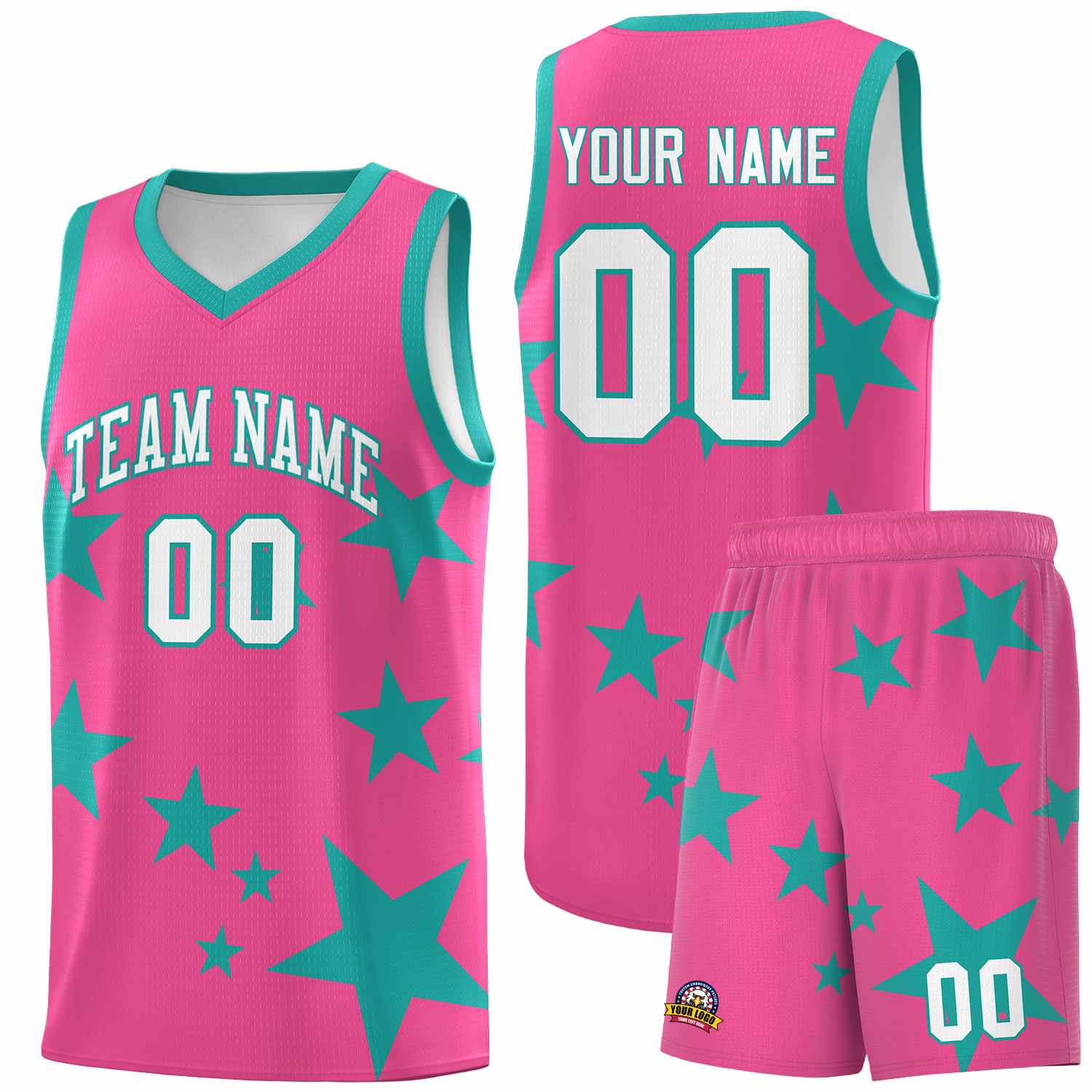 Custom Pink Aqua Graffiti Pattern Star Print Basketball Jersey Sets