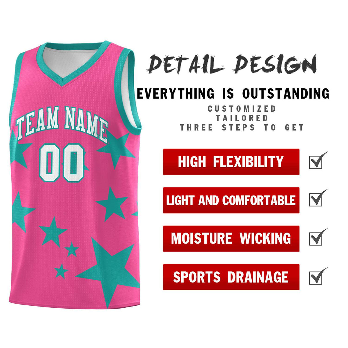 Custom Pink Aqua Graffiti Pattern Star Print Basketball Jersey Sets