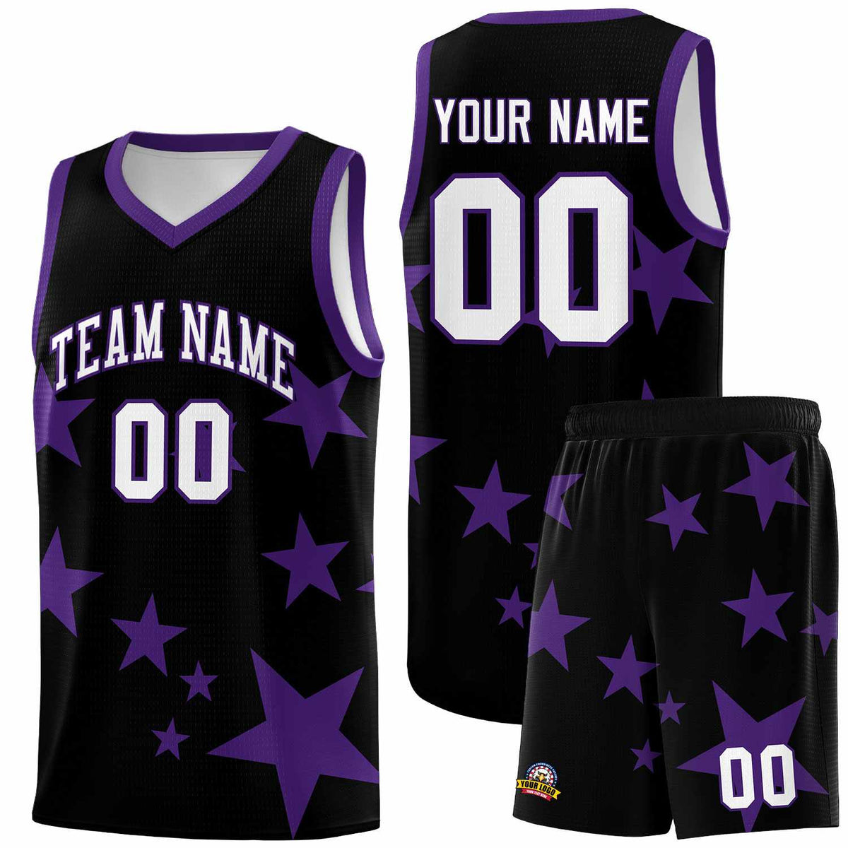 Custom Black Purple Graffiti Pattern Star Print Basketball Jersey Sets
