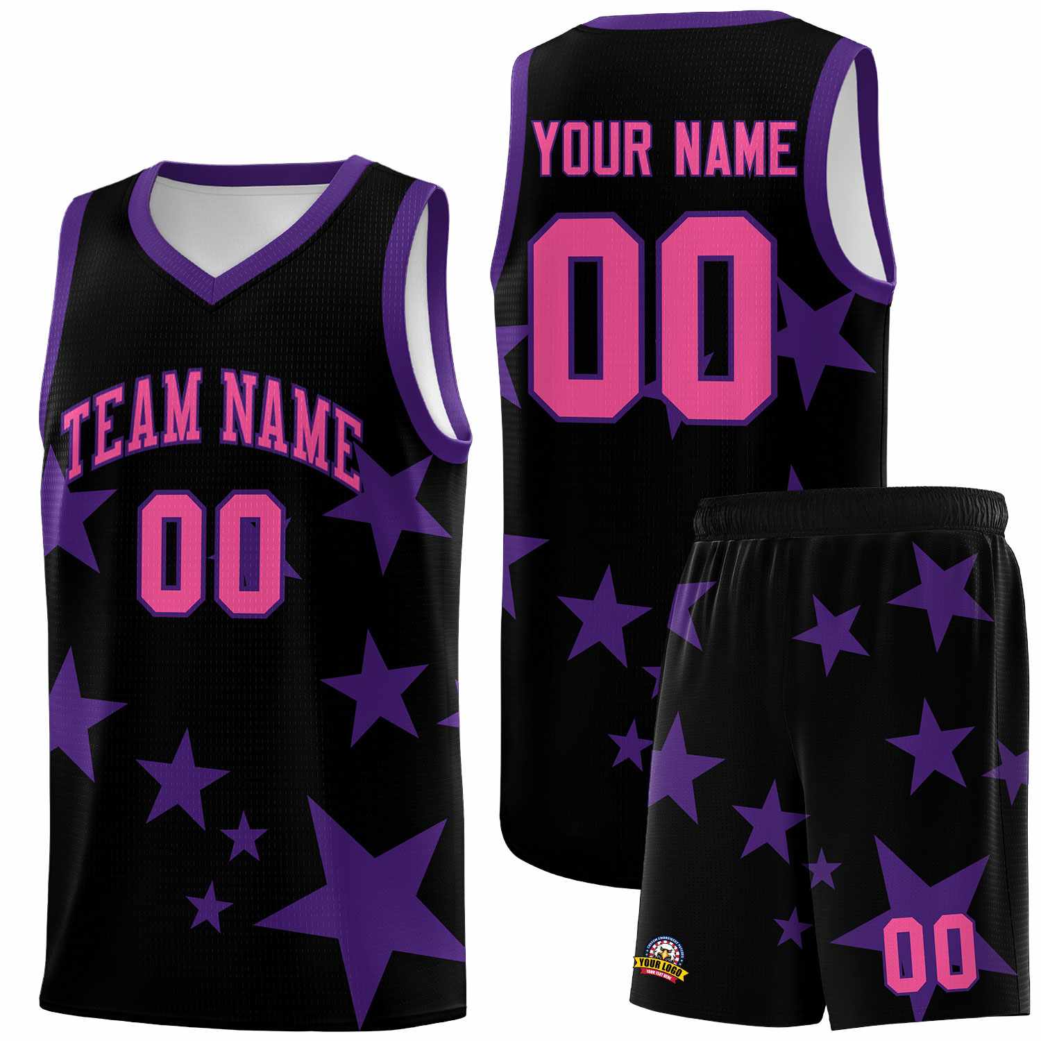 Custom Black Purple Graffiti Pattern Star Print Basketball Jersey Sets
