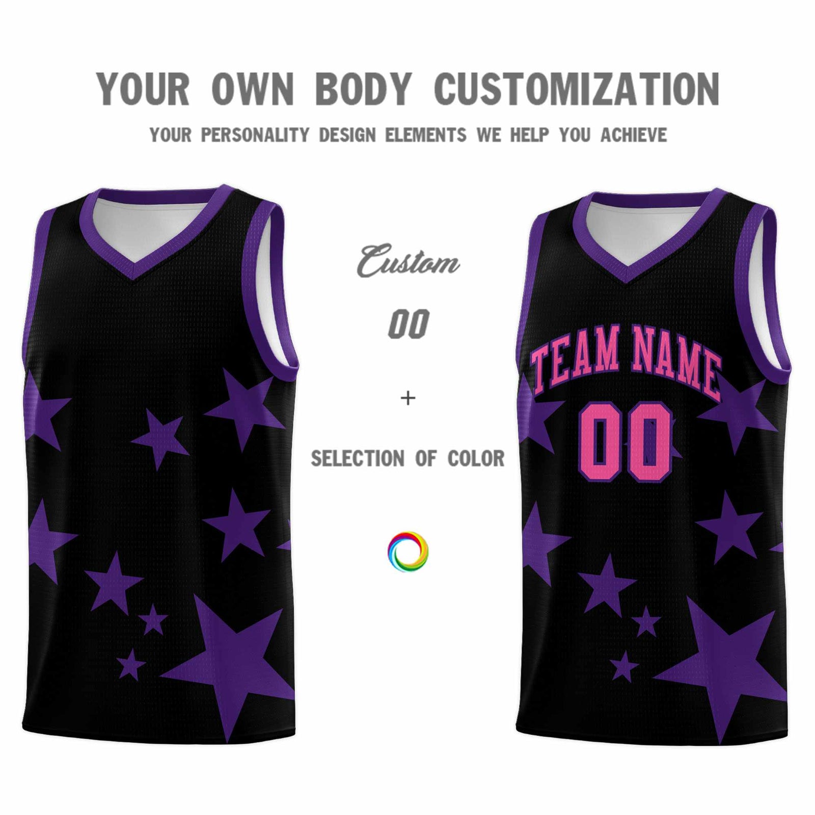 Custom Black Purple Graffiti Pattern Star Print Basketball Jersey Sets