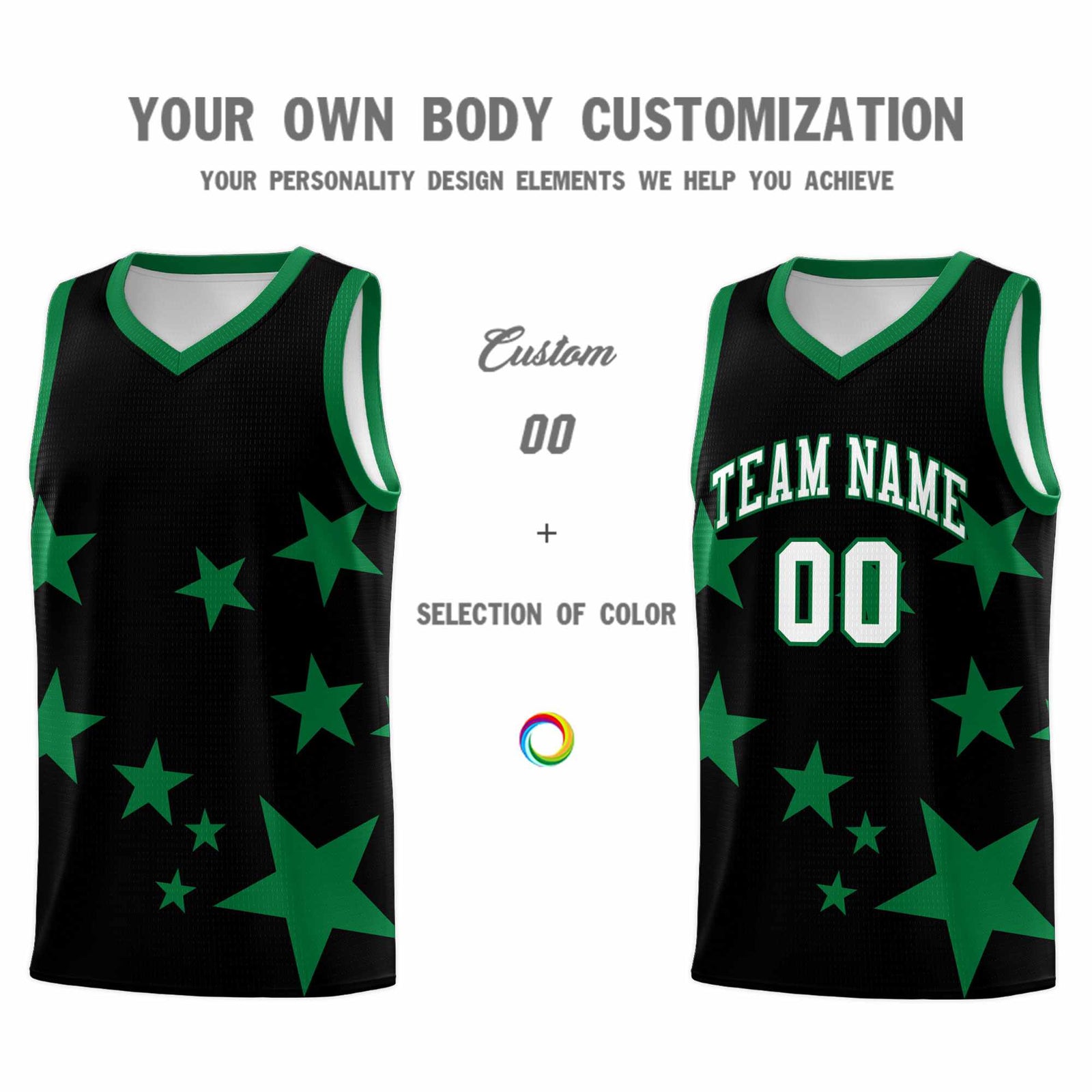 Custom Black Kelly Green Graffiti Pattern Star Print Basketball Jersey Sets