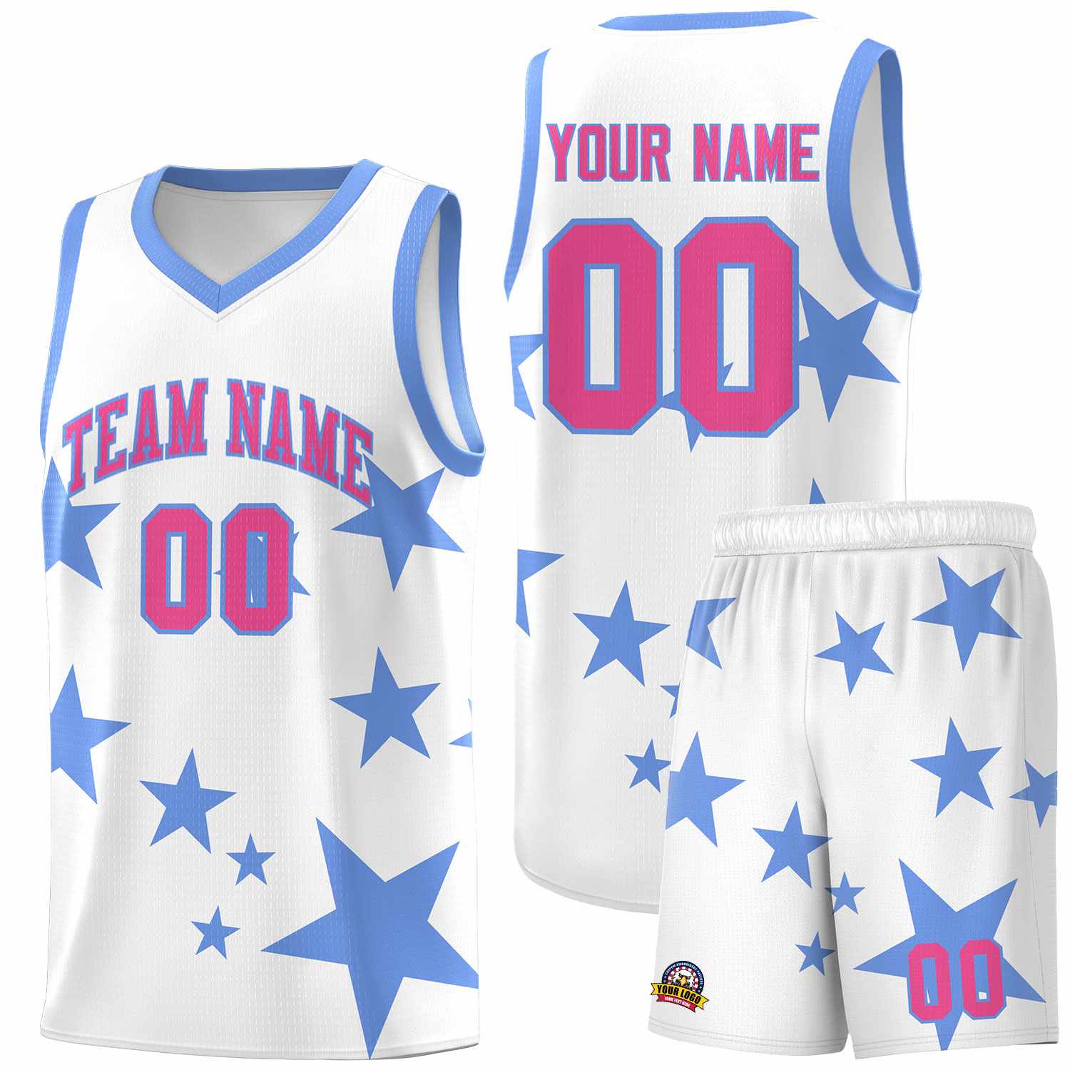 Custom White Light Blue Graffiti Pattern Star Print Basketball Jersey Sets