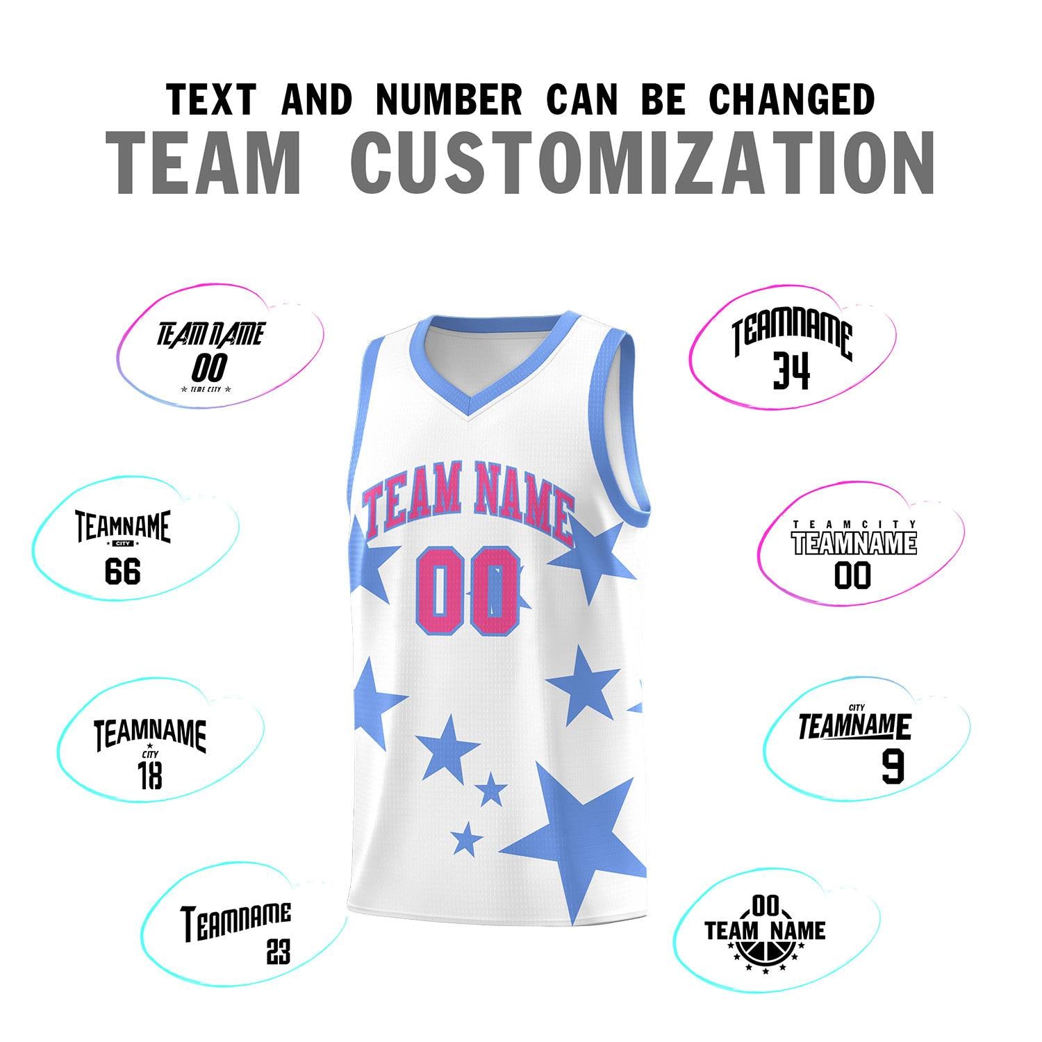 Custom White Light Blue Graffiti Pattern Star Print Basketball Jersey Sets