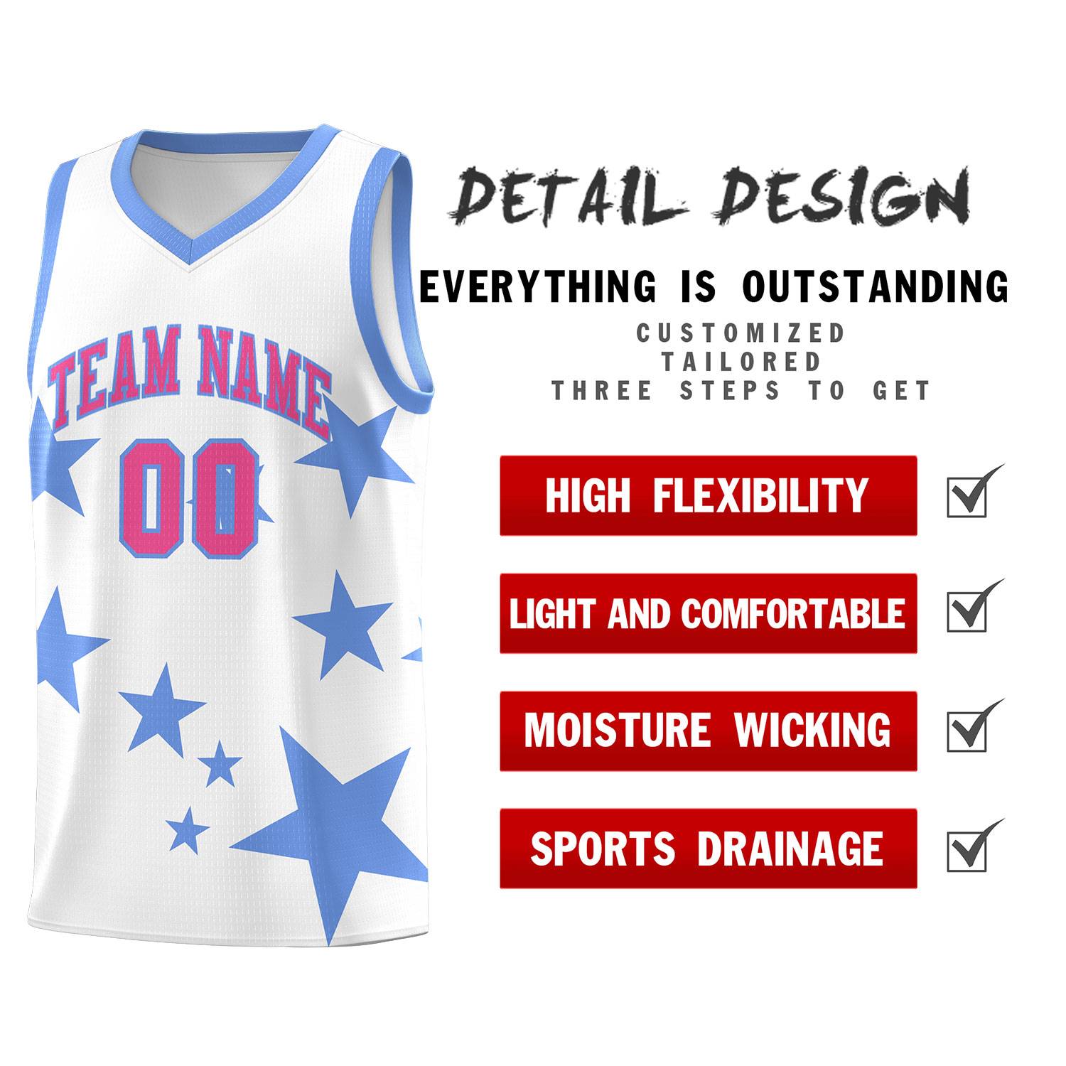 Custom White Light Blue Graffiti Pattern Star Print Basketball Jersey Sets