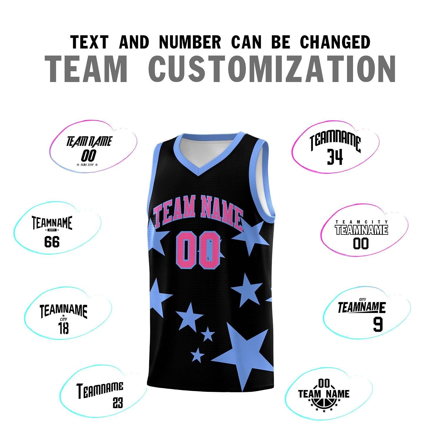 Custom Black Light Blue Graffiti Pattern Star Print Basketball Jersey Sets