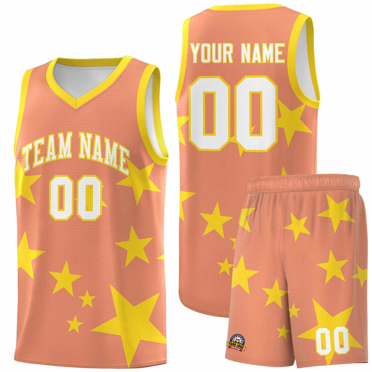 Custom Light Orange Gold Graffiti Pattern Star Print Basketball Jersey Sets