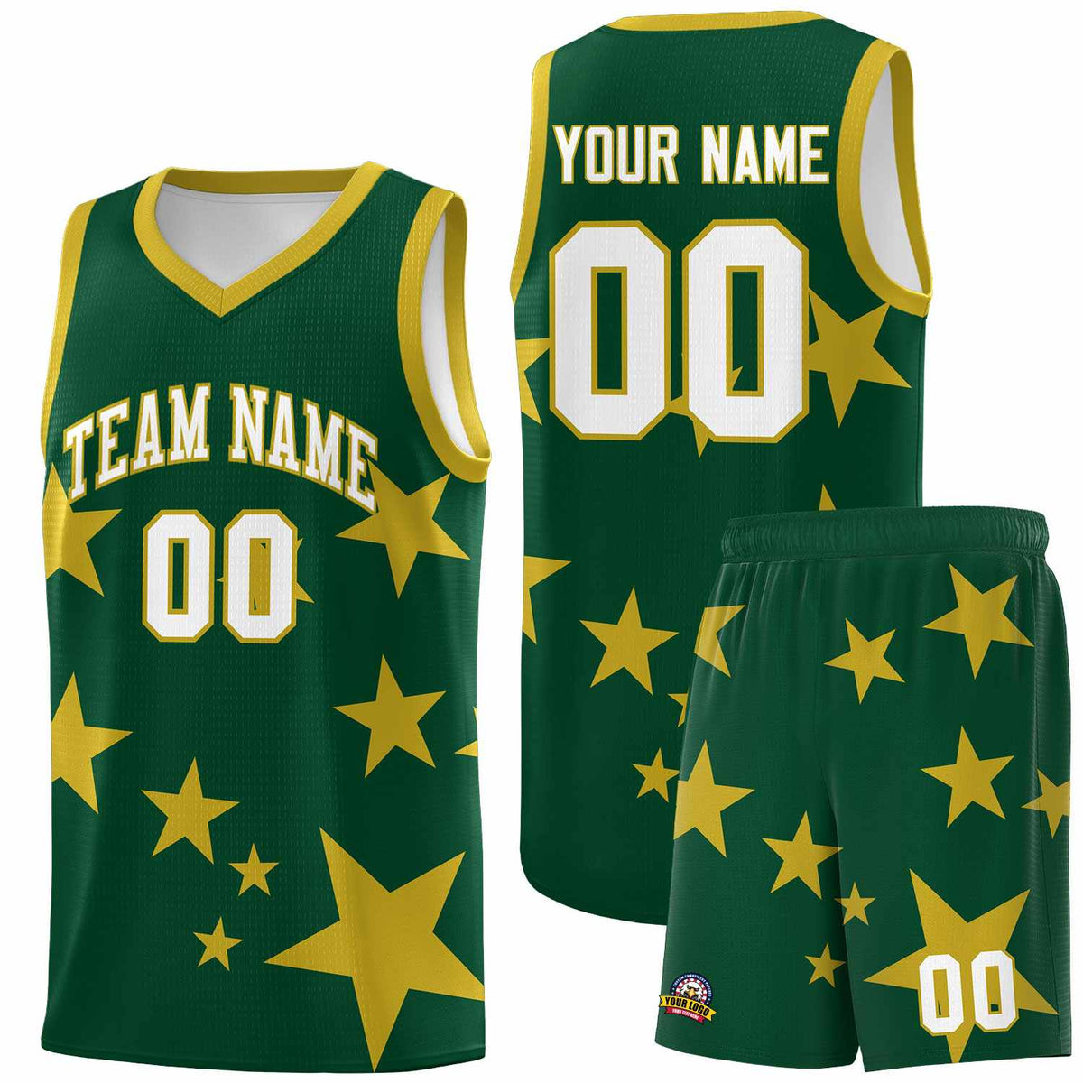 Custom Green Old Gold Graffiti Pattern Star Print Basketball Jersey Sets
