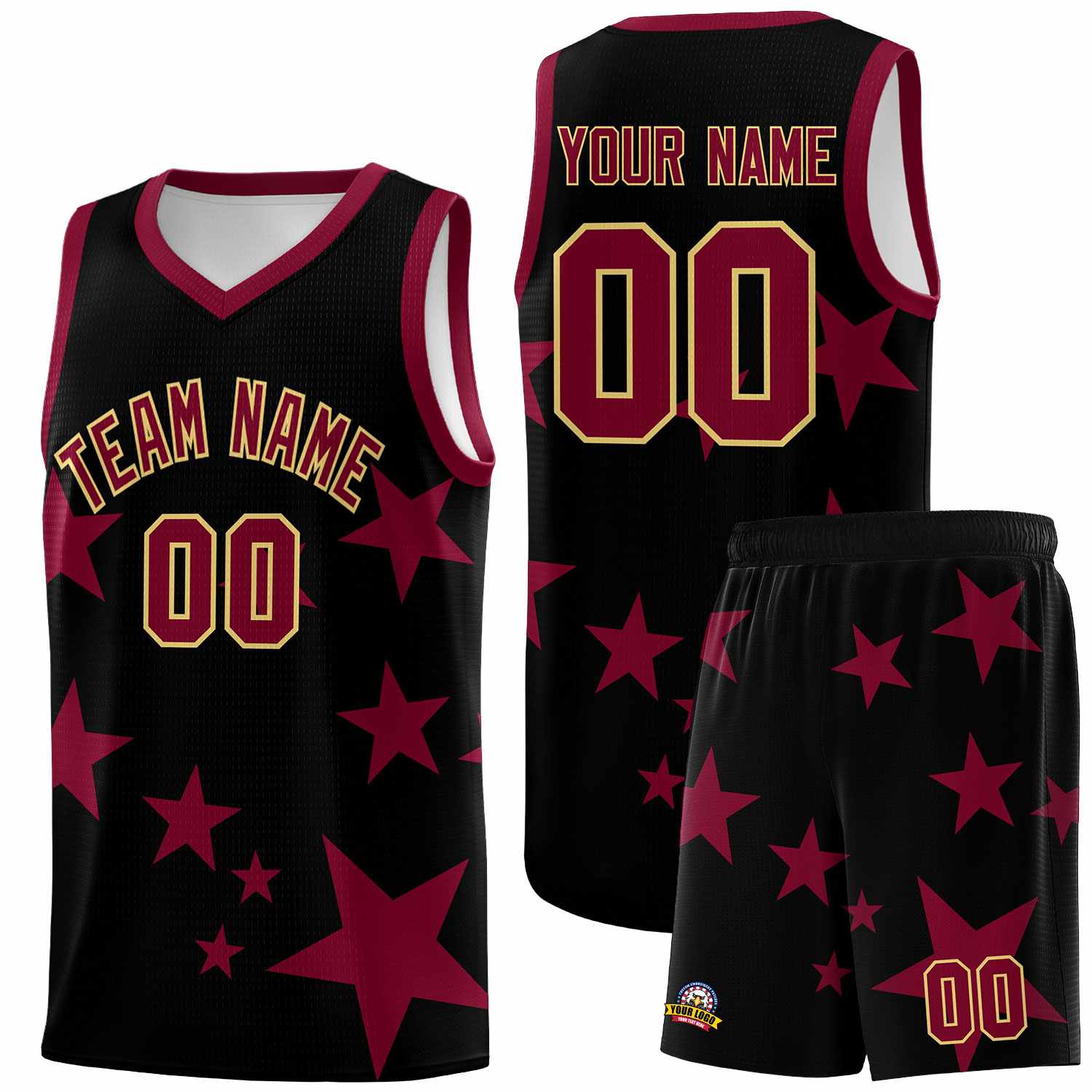 Custom Black Crimson Graffiti Pattern Star Print Basketball Jersey Sets