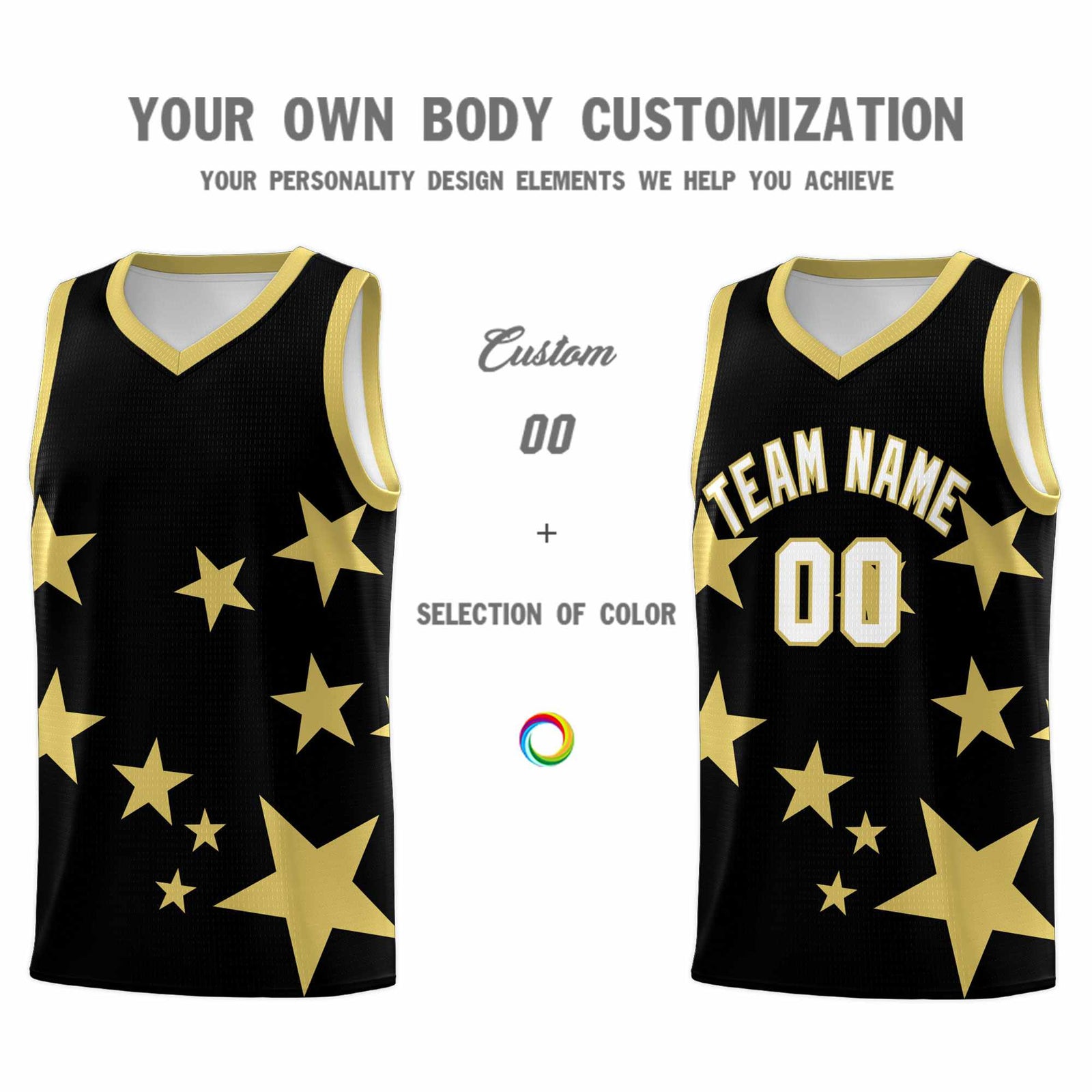 Custom Black Old Gold Graffiti Pattern Star Print Basketball Jersey Sets