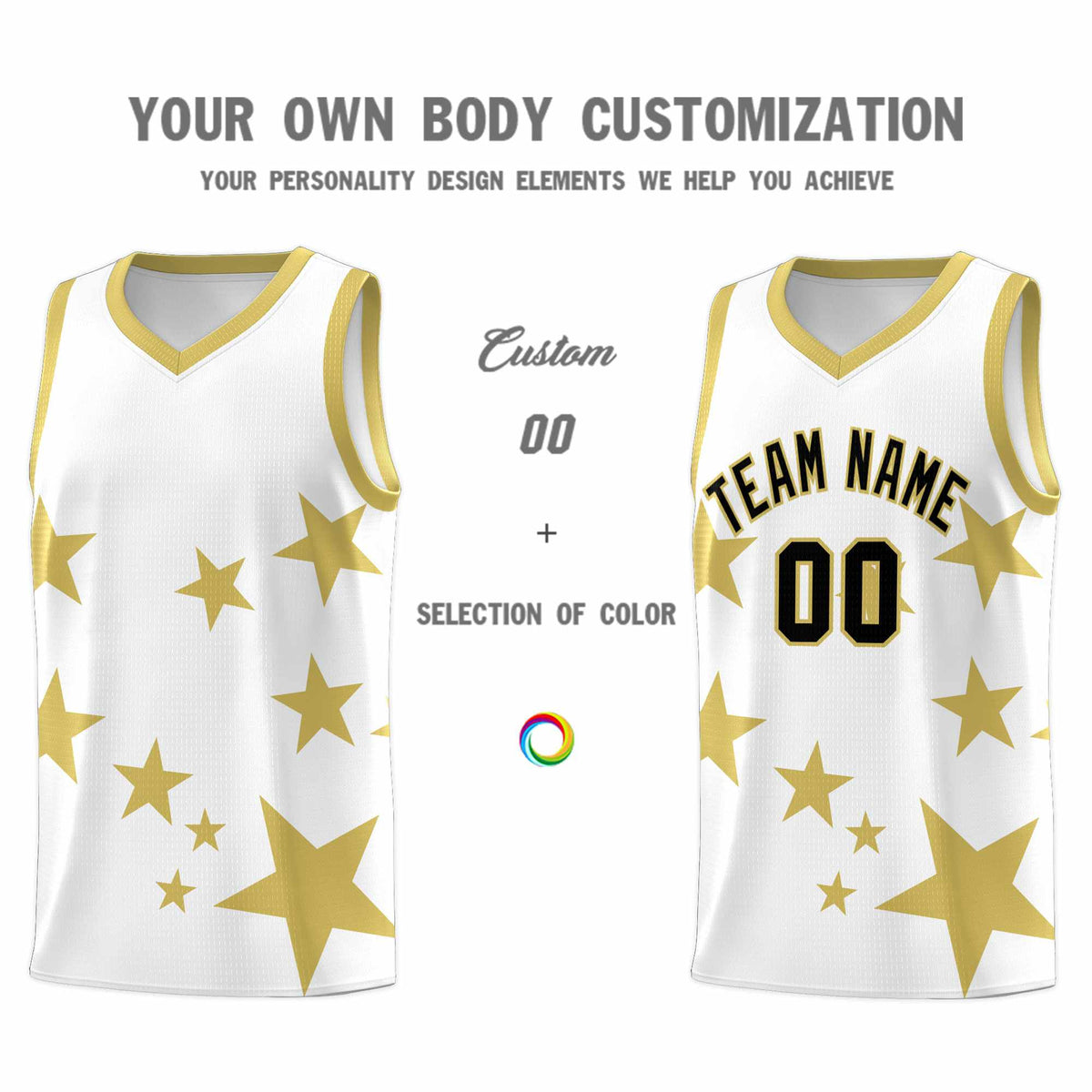 Custom White Old Gold Graffiti Pattern Star Print Basketball Jersey Sets