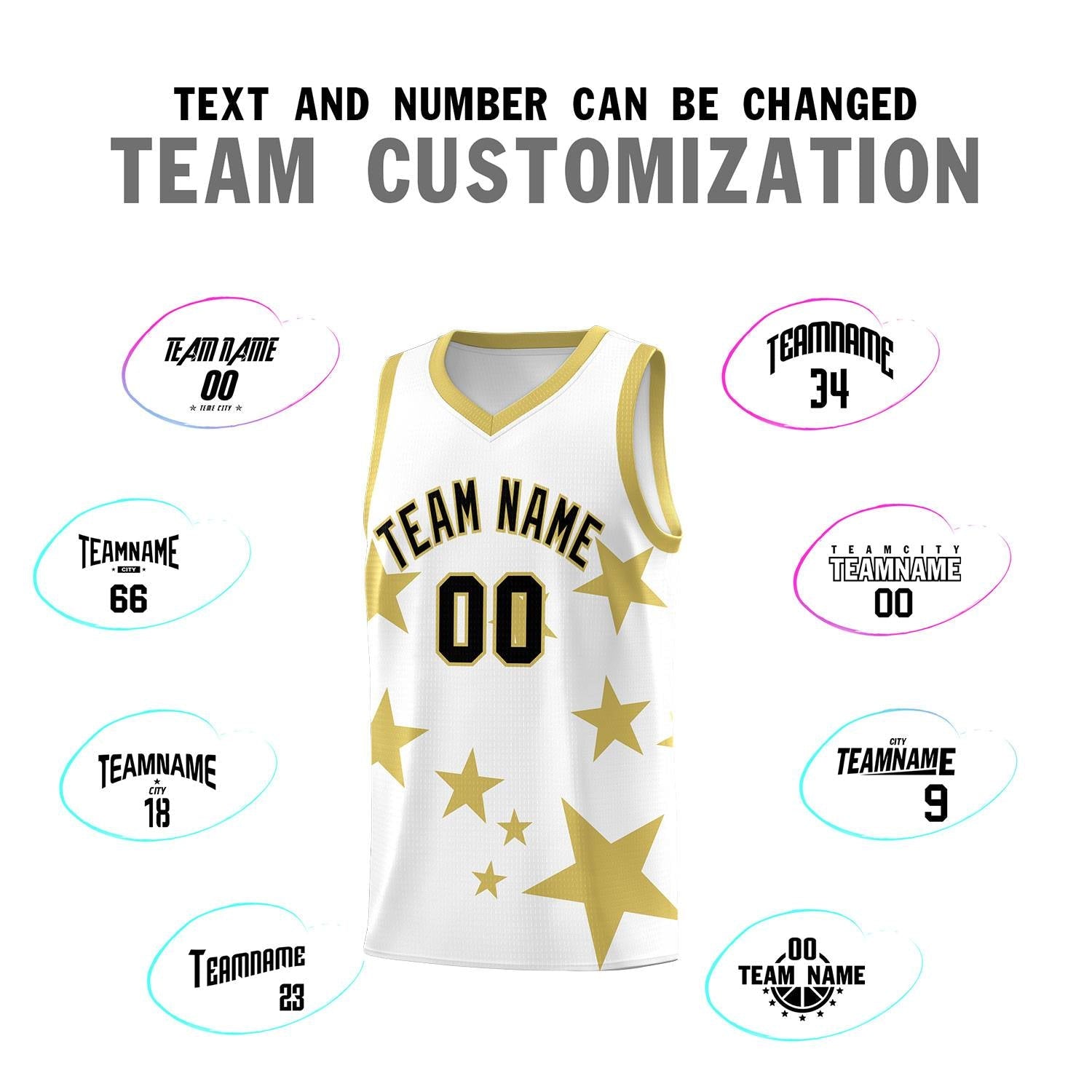 Custom White Old Gold Graffiti Pattern Star Print Basketball Jersey Sets
