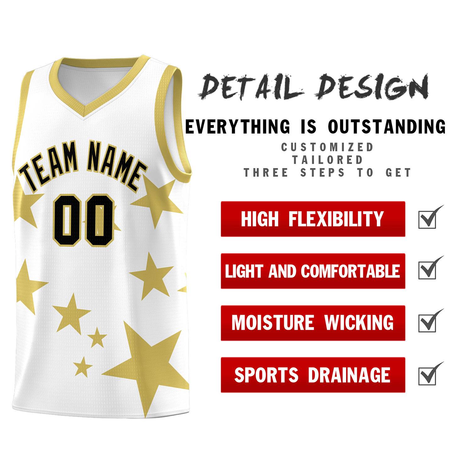 Custom White Old Gold Graffiti Pattern Star Print Basketball Jersey Sets