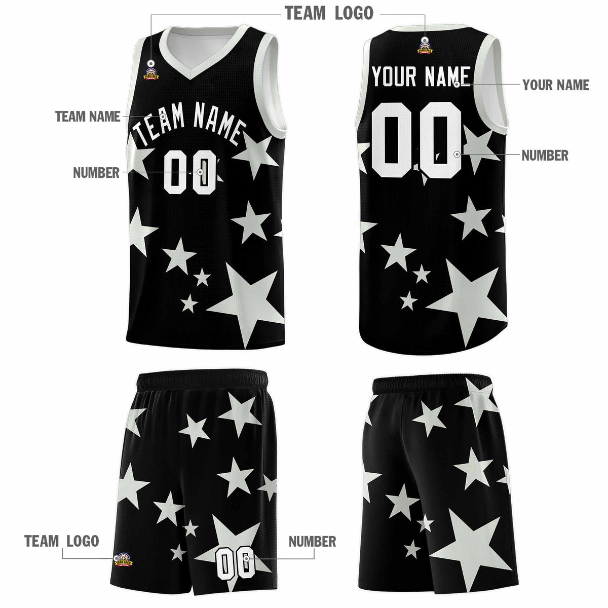 Custom Black Gray Graffiti Pattern Star Print Basketball Jersey Sets