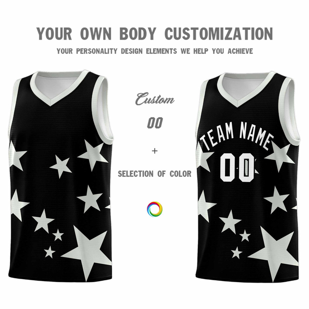 Custom Black Gray Graffiti Pattern Star Print Basketball Jersey Sets