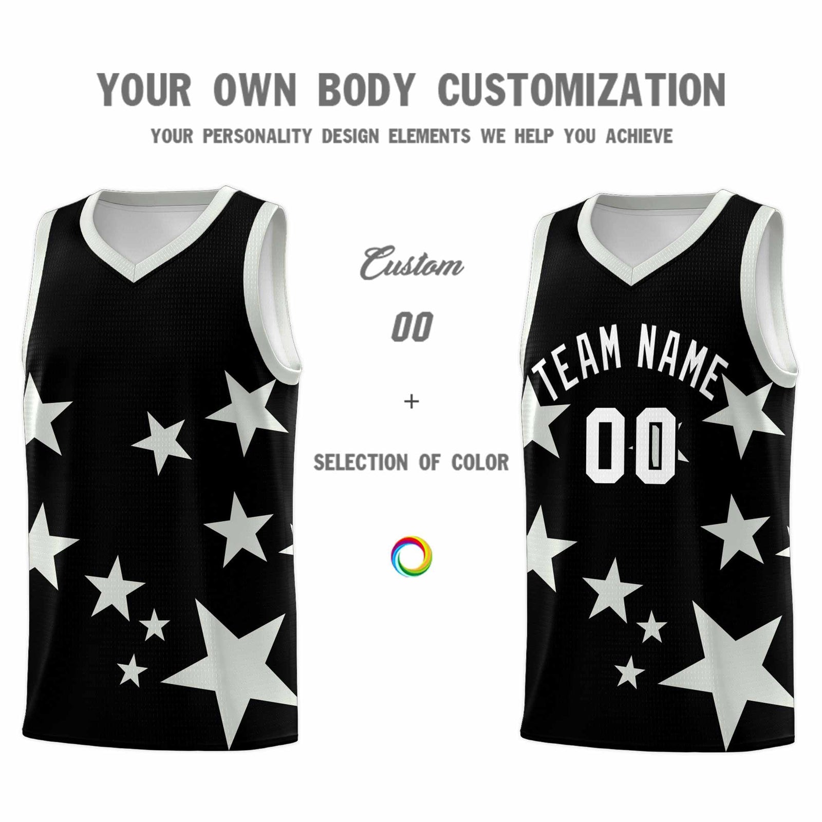 Custom Black Gray Graffiti Pattern Star Print Basketball Jersey Sets
