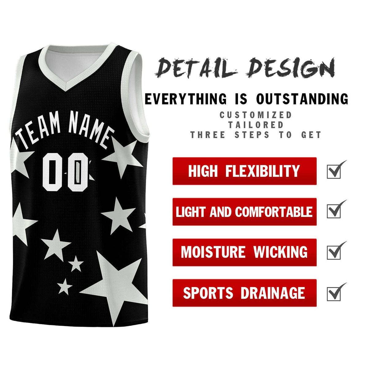 Custom Black Gray Graffiti Pattern Star Print Basketball Jersey Sets