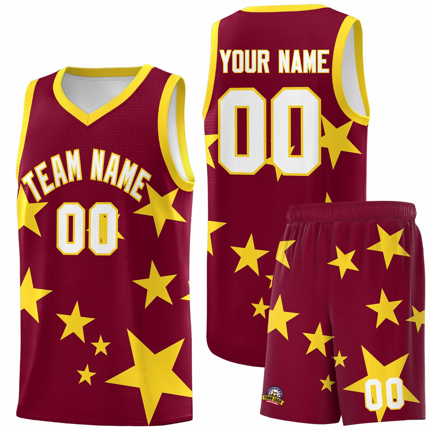 Custom Crimson Gold Graffiti Pattern Star Print Basketball Jersey Sets