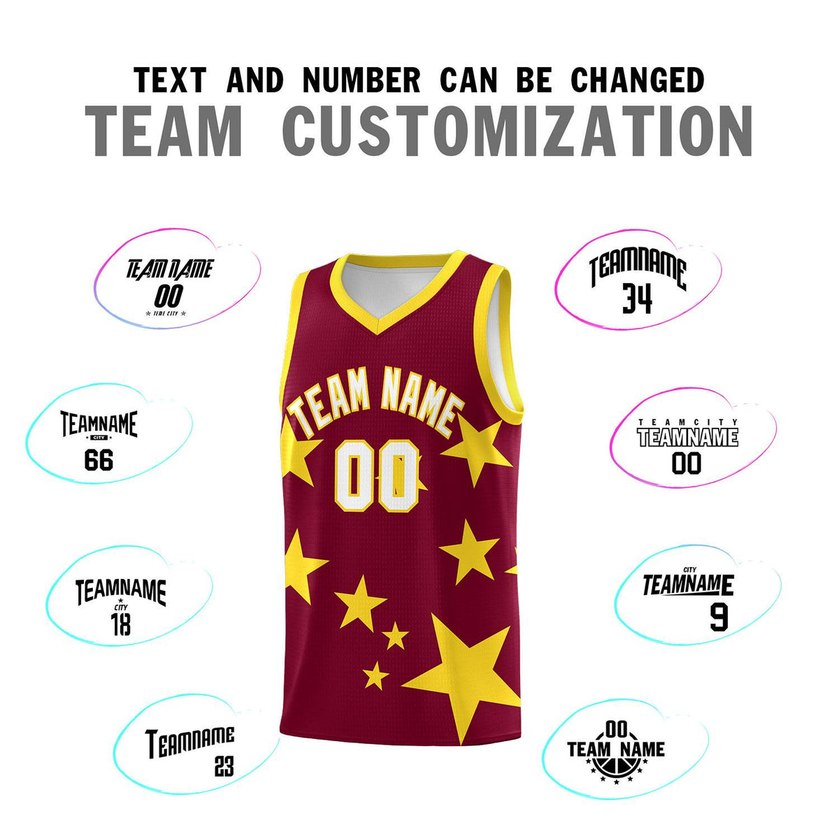 Custom Crimson Gold Graffiti Pattern Star Print Basketball Jersey Sets