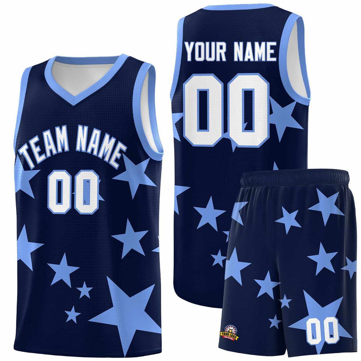 Custom Navy Light Blue Graffiti Pattern Star Print Basketball Jersey Sets