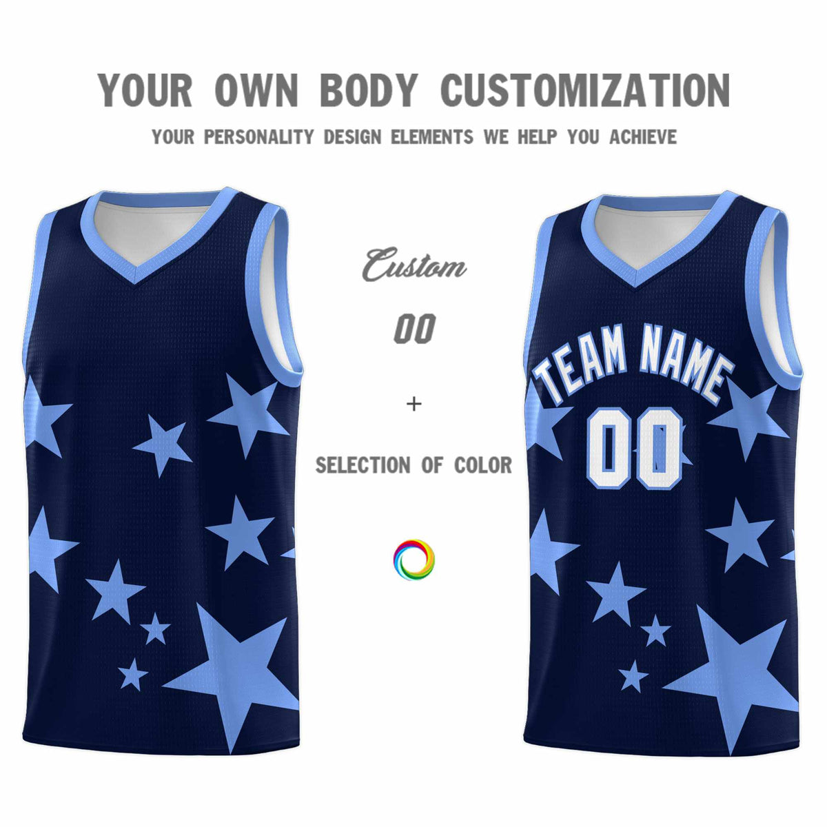 Custom Navy Light Blue Graffiti Pattern Star Print Basketball Jersey Sets