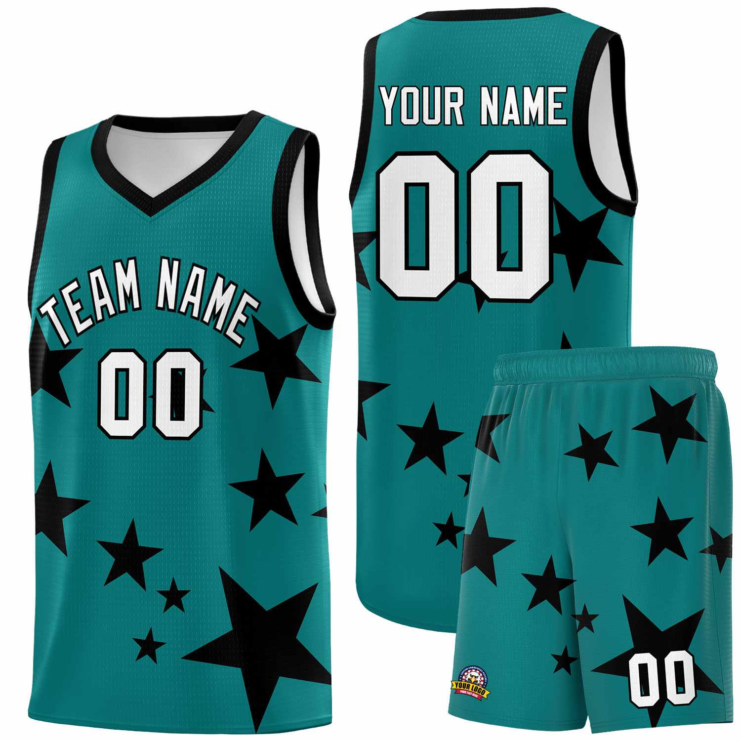 Custom Aqua Black Graffiti Pattern Star Print Basketball Jersey Sets