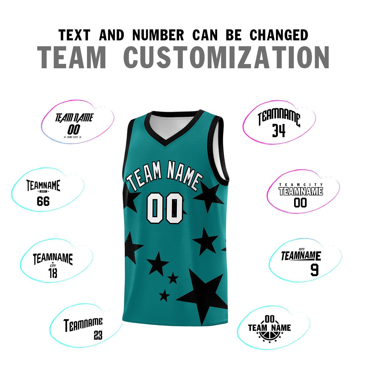 Custom Aqua Black Graffiti Pattern Star Print Basketball Jersey Sets