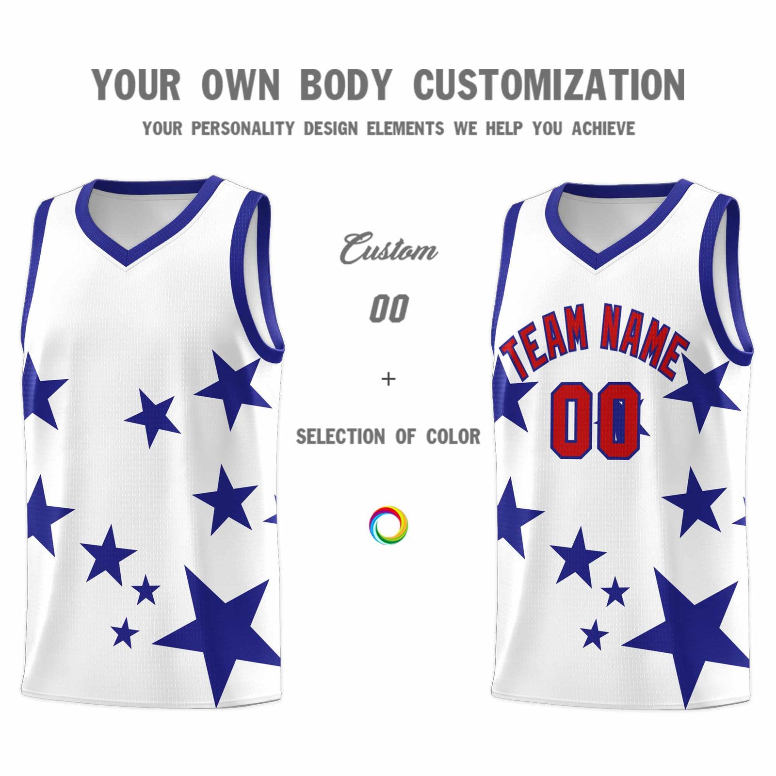 Custom White Royal Graffiti Pattern Star Print Basketball Jersey Sets