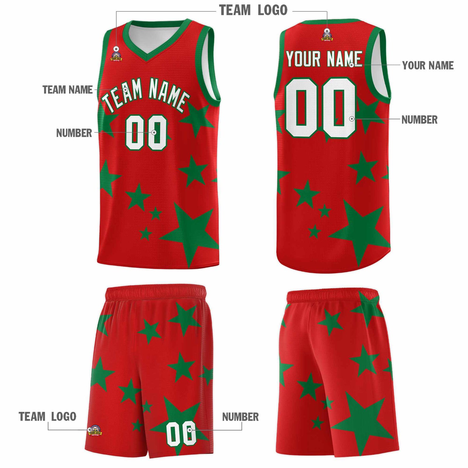 Custom Red Kelly Green Graffiti Pattern Star Print Basketball Jersey Sets