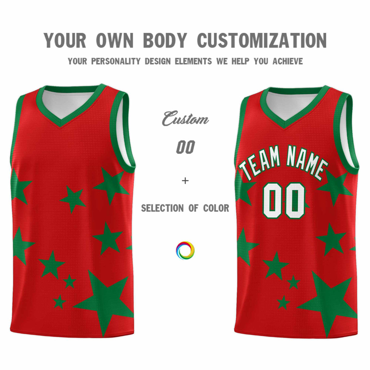 Custom Red Kelly Green Graffiti Pattern Star Print Basketball Jersey Sets