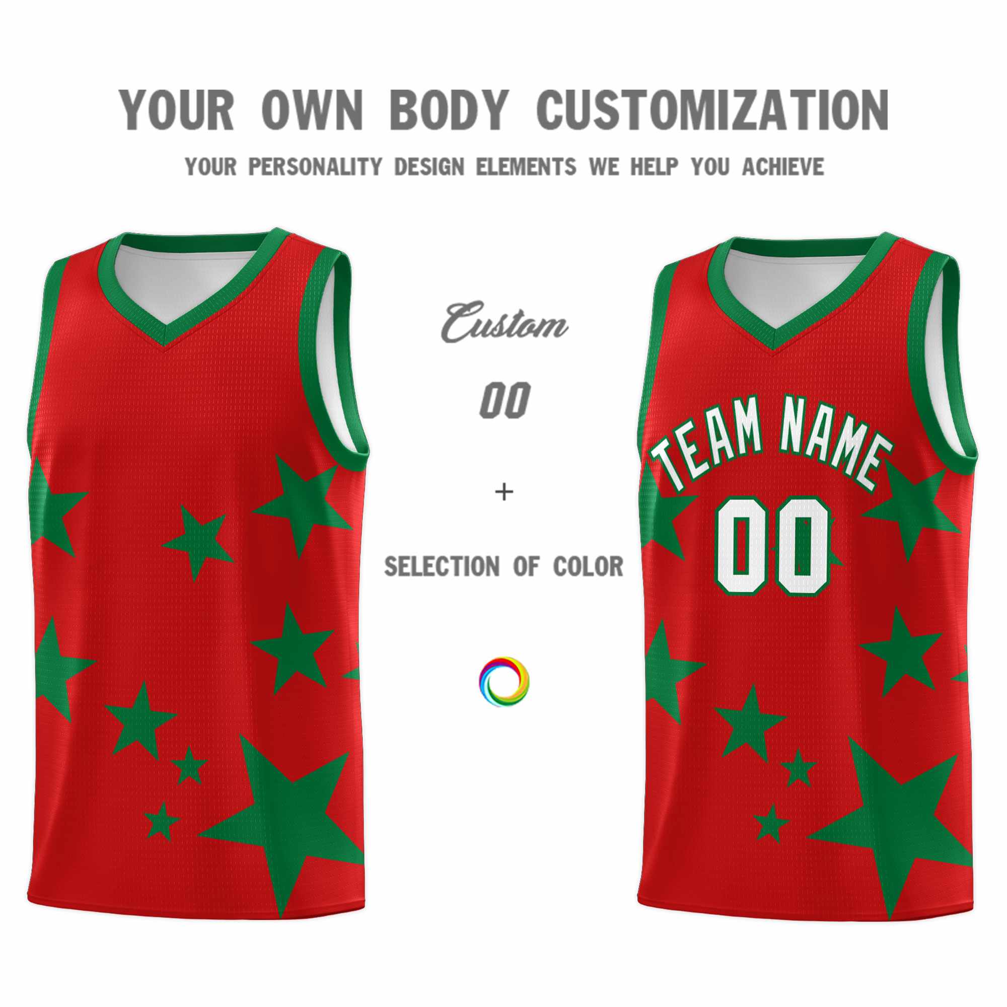 Custom Red Kelly Green Graffiti Pattern Star Print Basketball Jersey Sets