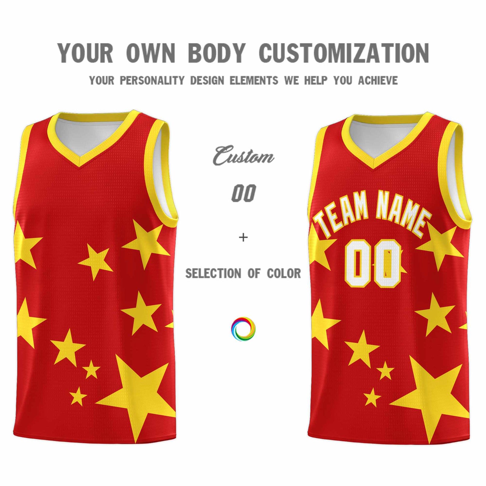 Custom Red Gold Graffiti Pattern Star Print Basketball Jersey Sets