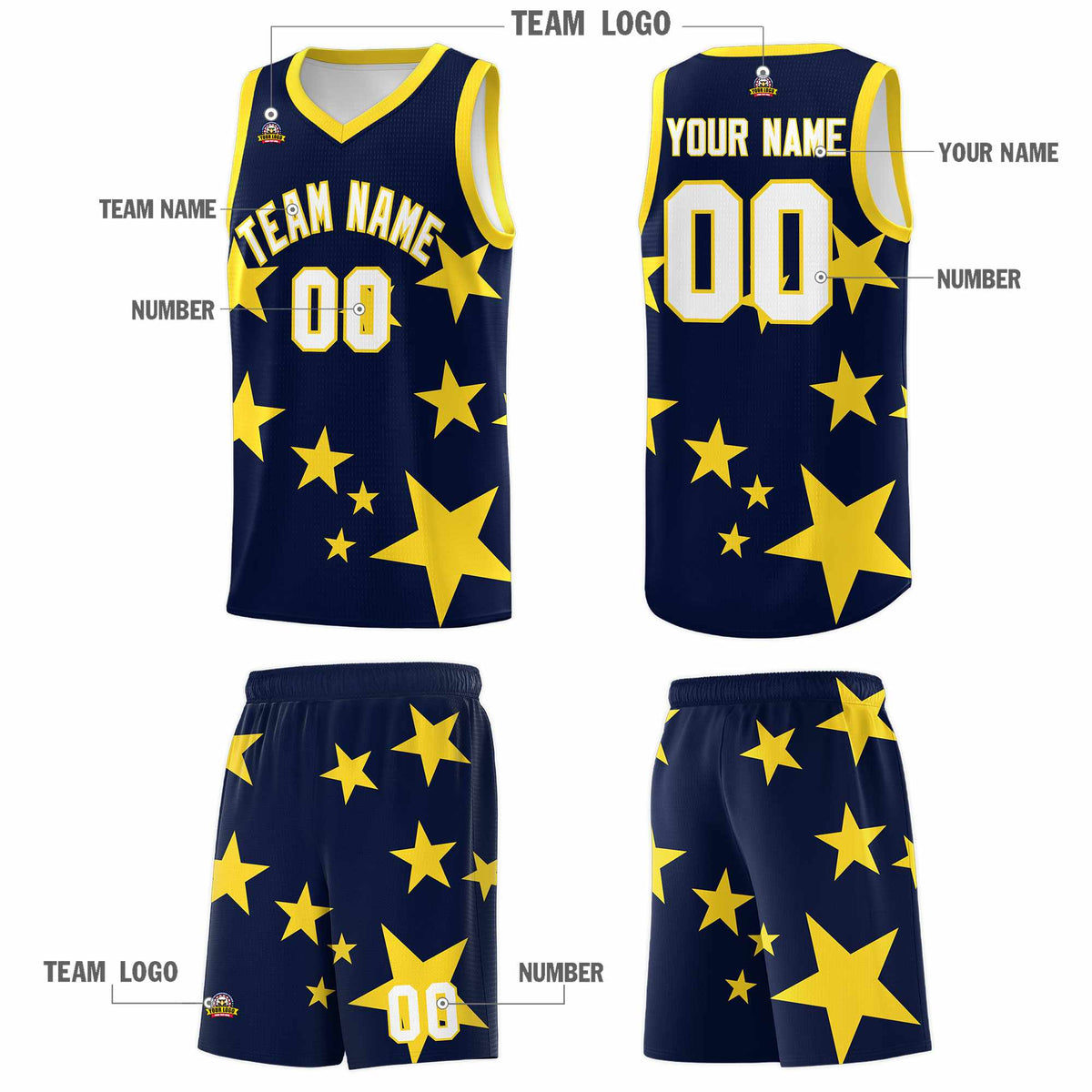 Custom Navy Gold Graffiti Pattern Star Print Basketball Jersey Sets
