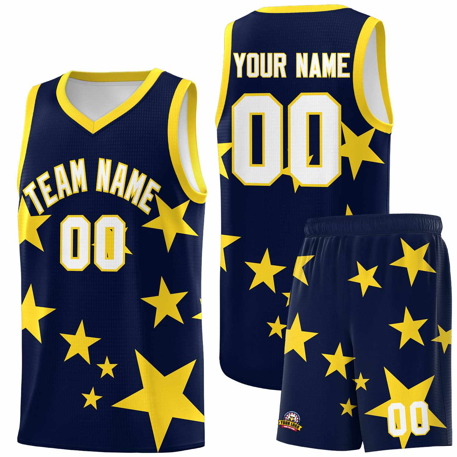 Custom Navy Gold Graffiti Pattern Star Print Basketball Jersey Sets