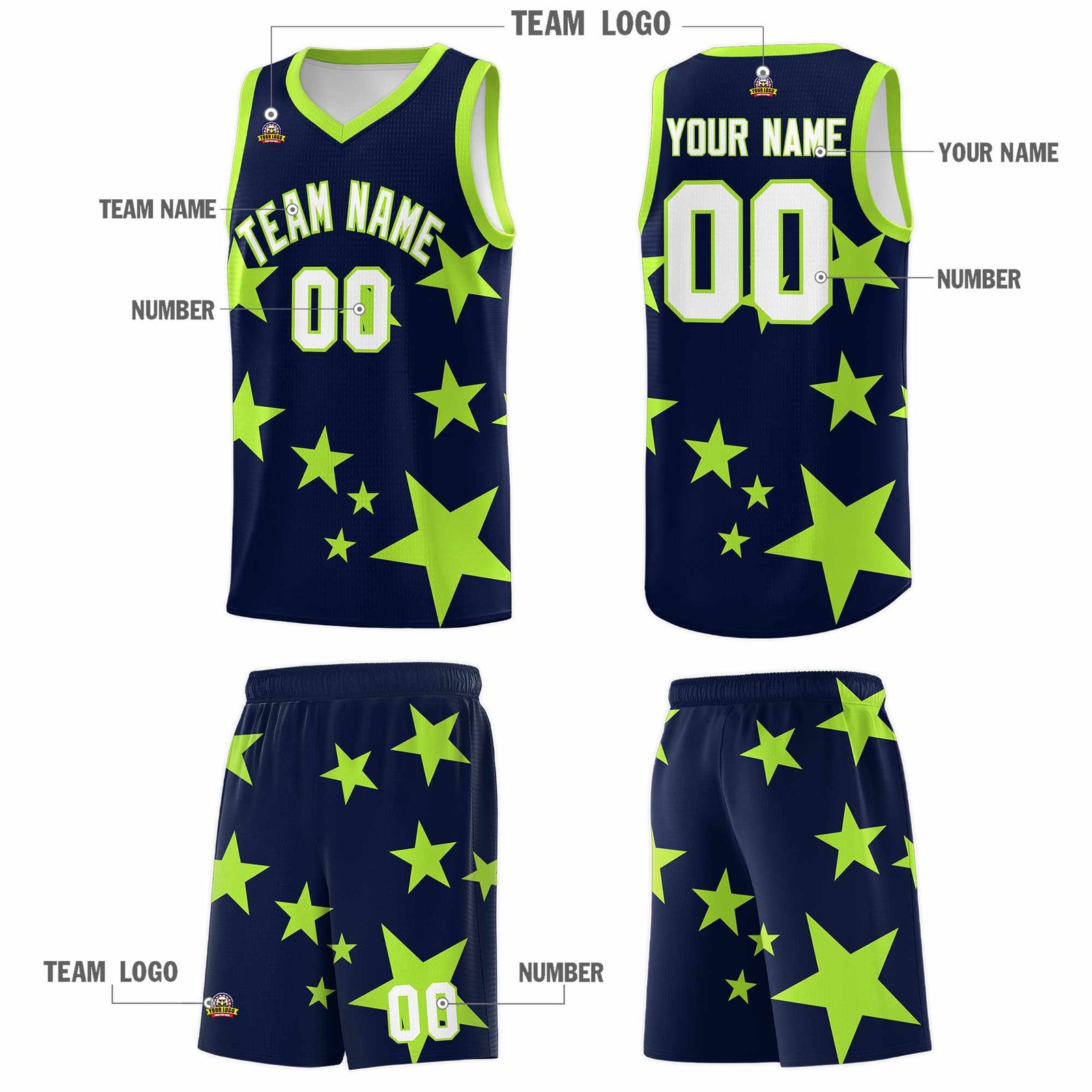 Custom Navy Light Green Graffiti Pattern Star Print Basketball Jersey Sets