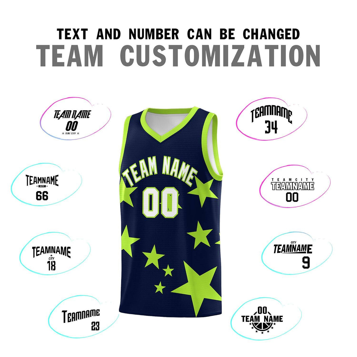 Custom Navy Light Green Graffiti Pattern Star Print Basketball Jersey Sets